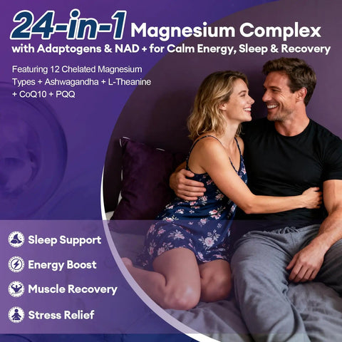 Happy couple displaying 2-Pack Magnesium Complex For Women And Men, The Go-To 24-In-1 Magnesium Supplement with Glycinate, Malate, Citrate, Ashwagandha, L-Theanine and NAD Plus, Supports Calm, Energy, Sleep and Muscle Recovery
