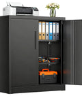 Metal Storage Cabinets 36 Inch Locking Cabinet With Doors And Adjustable Shelves For Home Office Kitchen And Garage Black Steel Utility Tool Cabinet Durable Tough As Nails Scratch Resistant And Easy To Clean For Heavy Duty Use featuring open door with tools and files inside.