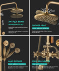 Antique Brass 8 Inch Shower Faucet System With Rainfall Shower Head Wall Mounted Dual Cross Handles Tub Spout Mixer and Sprayer