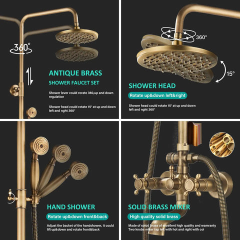 Antique Brass 8 Inch Shower Faucet System With Rainfall Shower Head Wall Mounted Dual Cross Handles Tub Spout Mixer and Sprayer