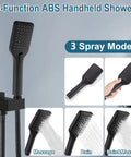 10 Inch Rain Shower System With Wall Mount And Pressure Balance Valve ABS Handheld Shower showcasing 3 spray modes in matte black