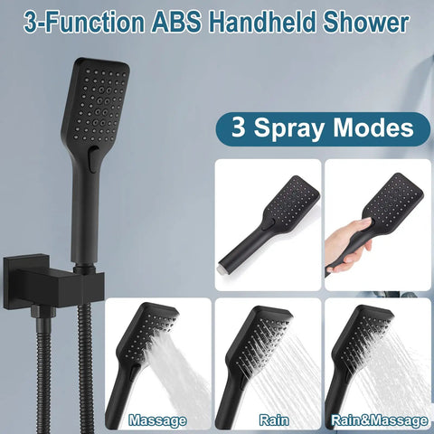 10 Inch Rain Shower System With Wall Mount And Pressure Balance Valve ABS Handheld Shower showcasing 3 spray modes in matte black