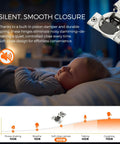 Satin Nickel Soft Close Cabinet Hinges Half Inch Overlay 60 Pack showing quiet close mechanism with child sleeping nearby.