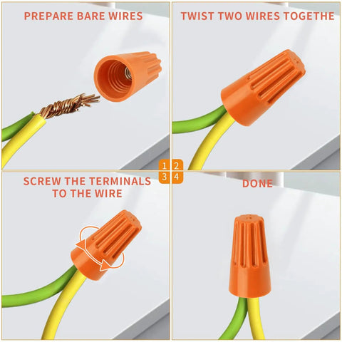 600 Pack Orange Wire Connectors Nuts 18 To 16 AWG Nylon Shell With Metal Spring Insulating Caps twist on installation steps