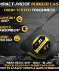 12 Foot Magnetic Tape Measure With Magnetic Hook And Fraction Markings in shock-absorbent rubber case on wet surface