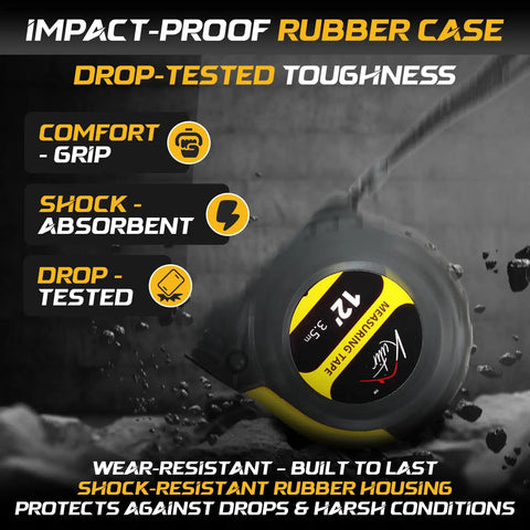 12 Foot Magnetic Tape Measure With Magnetic Hook And Fraction Markings in shock-absorbent rubber case on wet surface