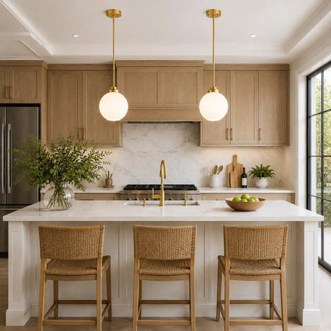 Two Pack Brushed Gold Globe Pendant Lights With Mid Century Modern Vibes And Smooth Opal Glass Shades Totally Adjustable Hanging Fixtures above kitchen island.