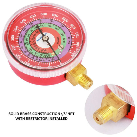 Refrigeration Pressure Gauge Kit With Dual Blue Dial And Red Dial, 2 3/4 Inch Dial, 1/8 Inch NPT Lower Mount, -30InHg To 0-250 PSI And 0-800 PSI Range, For R404A R22 R410A Servicing, For Easy Field Or Shop Use, brass 1/8 NPT mount
