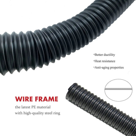 Flexible Gutter Downspout Extension Kit With Leak Proof Hose and Splash Block showing wire frame and PE material features