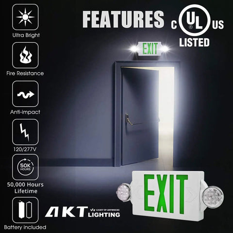 LED Emergency Light And Exit Sign Combo With Back Up Battery Green Exit Sign UL Certified next to an open doorway.