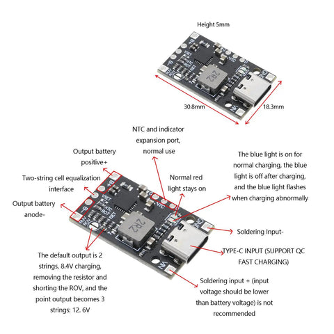 Two Piece 2S 3S Bms Charger Protection Board For Lithium Ion Polymer Batteries featuring Type C input, compact 30.8mm x 18.3mm.