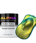 Fire Colorshift Paint Basecoat Midcoat One Gallon 128 Ounce Ready To Spray Mix With Slow Reducer For Nailed The Look Subtle Holographic Shifts On Custom Rides Delivers Showroom Slick Coverage And Gets You Looking Like A Pro Without Leaving The Garage, showing a quart can and color sample.