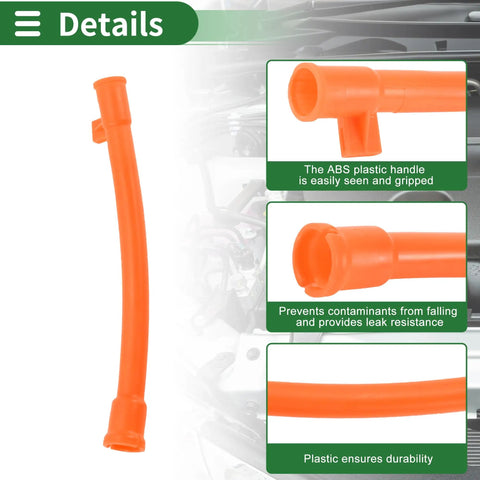 Engine Oil Dipstick With Double Hole Indicator For Volkswagen Jetta 2.0L 2002 To 2005 Wagon And 2011 To 2014 S Sedan Manual Transmission Automatic Transmission Orange Plastic No 06A103663C OE Replacement For Quick Oil Check, showing orange plastic handle details.
