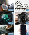 Vin Beauty extra-large microfiber cleaning cloths, 12x12 in; 6-panel collage of eyeglasses, camera lens, phone screen.
