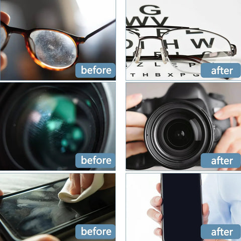 Vin Beauty extra-large microfiber cleaning cloths, 12x12 in; 6-panel collage of eyeglasses, camera lens, phone screen.