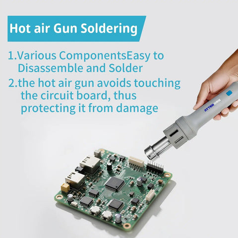 Pro Grade 1000W Hot Air Rework Station With Digital LCD Display used for soldering circuit board components.