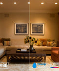 Living room with 6 Inch Gimbal LED Recessed Light With Junction Box Kit 13.5W IC Rated Air Tight No Fuss Downlight Dimmable 3000K, showing CRI80 and CRI90 lighting comparison