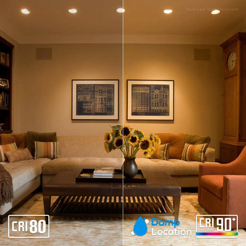 Living room with 6 Inch Gimbal LED Recessed Light With Junction Box Kit 13.5W IC Rated Air Tight No Fuss Downlight Dimmable 3000K, showing CRI80 and CRI90 lighting comparison