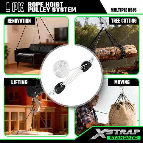 Rope Hoist 50 Ft 5 To 1 Block And Tackle Pulley System for Lifting Heavy Objects in various settings and tasks
