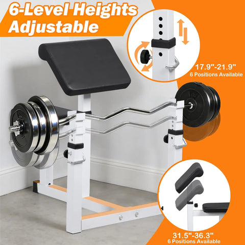 Adjustable Preacher Curl Bench With Barbell Rack For Home Gym, heavy steel construction, 6-level height adjustment shown