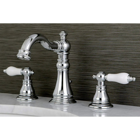 American Patriot Widespread Lavatory Faucet In Polished Chrome With Five Sixteenths Inch Spout Reach Deck Mount Eight To Sixteen Inch