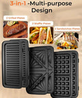 3-In-1 Sandwich And Waffle Maker With Removable Nonstick Plates showing interchangeable grill, waffle, and sandwich plates