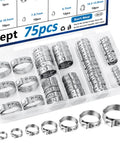 Seept 75pcs stainless steel single-ear hose clamps set in clear case, 8 sizes, 6-23.5mm, crimp style
