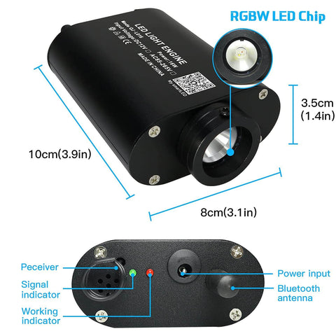 RGBW LED engine for Fiber Optic Starlight Headliner Light Kit with dimensions and ports labeled.