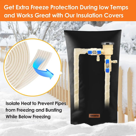 3 Inch Wide Pipe Insulation Tape Weather Resistant Foam Wrap With Sticky Backing For Outdoor Water Pipes Easy To Install Beige 13 Feet Long Pipe Wrap For Water Lines shown insulating outdoor plumbing in snowy conditions