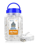 200 Pack Cat6 RJ45 Modular Plugs With 50µ Gold Plating For Solid Or Stranded UTP Ethernet Cables in a clear jar