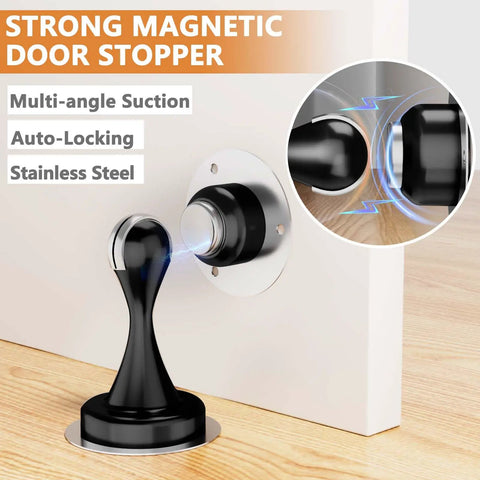 Soft Catch Magnetic Door Stopper For Bottom Of Door Stainless Steel Wall Or Floor Mount No Drilling Door Catch With 3D Adhesive Tapes Black Finish installed on door