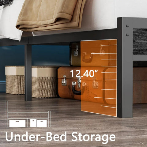 Kick Back With This Legit Sturdy Full Size Bed Frame Featuring A Modern Wooden Headboard And Dual Roomy Fabric Storage Drawers With Premium Quality Black Oak Build, showing under-bed storage with dimensions.