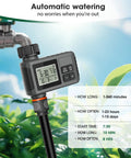 Digital timer on 233-Foot Drip Irrigation System Kit With Timer For Garden And Greenhouse, showing settings and black tubing connection