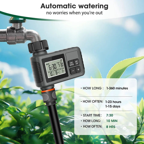 Digital timer on 233-Foot Drip Irrigation System Kit With Timer For Garden And Greenhouse, showing settings and black tubing connection