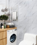 Peel And Stick 12x24 White Marble Vinyl Floor Tile For Bathrooms And Kitchens Waterproof Self Adhesive Removable Flooring 12 Pack Covers 24 Sq Ft Easy Install Garage Backsplash installed in bathroom