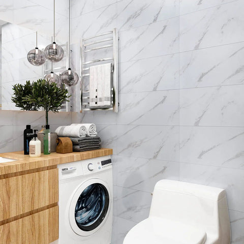 Peel And Stick 12x24 White Marble Vinyl Floor Tile For Bathrooms And Kitchens Waterproof Self Adhesive Removable Flooring 12 Pack Covers 24 Sq Ft Easy Install Garage Backsplash installed in bathroom