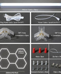 Hexagon LED Garage Lights 6500K Cool White Hex Ceiling Fixture components including tubes, connectors, cables, and installation parts