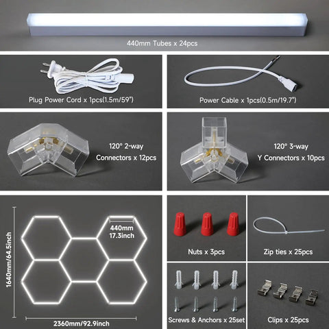 Hexagon LED Garage Lights 6500K Cool White Hex Ceiling Fixture components including tubes, connectors, cables, and installation parts
