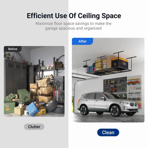 Comparison of cluttered vs. organized garage with Overhead Garage Storage Rack 4x8 Ceiling Mount Beefy Heavy Duty Metal Rack.