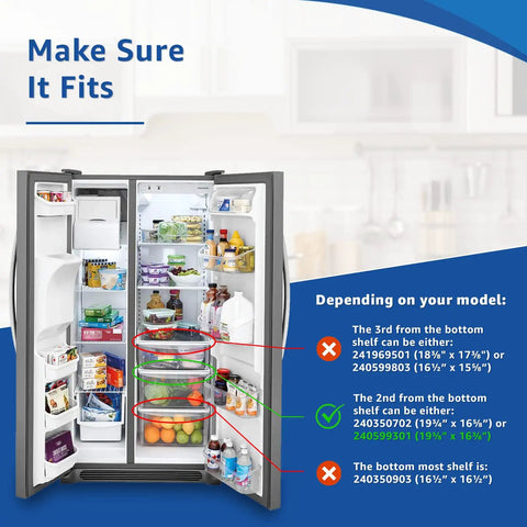 Diagram for Upper Crisper Pan Cover Replacement 240599301 For Refrigerator highlighting compatible shelf sizes.