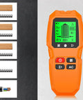 7 in 1 Smart Stud Finder Wall Scanner with LCD Display showing detection modes for wood, metal, and live wiring.