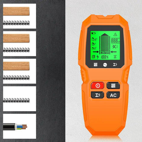 7 in 1 Smart Stud Finder Wall Scanner with LCD Display showing detection modes for wood, metal, and live wiring.