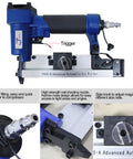 Close-up of Lightweight 23 Gauge Pin Nailer For Woodworking With Pneumatic Power, featuring ergonomic grip and side magazine adjustment.