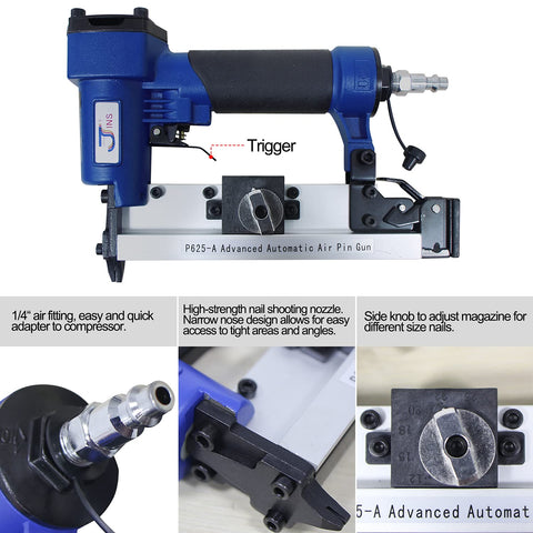 Close-up of Lightweight 23 Gauge Pin Nailer For Woodworking With Pneumatic Power, featuring ergonomic grip and side magazine adjustment.