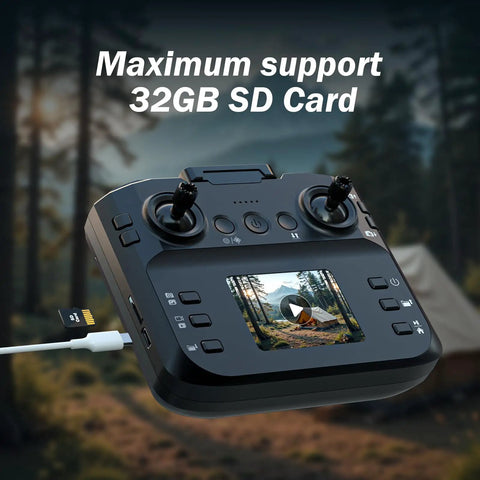 Remote with built-in screen displaying outdoor scene, part of 1080P Camera Drone With Built In Screen For Beginners Dope Easy One Key Start Headless Mode 3D Flip Dual 90 Degree Lens LED Lights Optical Flow Modular Battery Case Included For Kids And Adults.