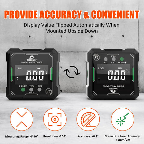 Digital Angle Finder With Dual Hella Bright Green Lasers And Rugged Magnetic Base Four Side Layout Gauge for precise measurements.
