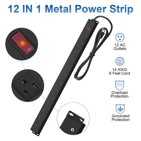 12 Outlet Power Strip Built Tough With 15A Circuit Breaker, Wall Mount Ready, 14AWG 6Ft Cord, shown with features and black design
