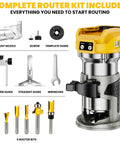 Killer Torque Cordless Compact Router With Brushless Motor Churning Out 30000 Rpm For Flawless Edge Trimming And Precise Routing Tasks Bare Tool complete router kit with router bits, trimmer and straight guides.