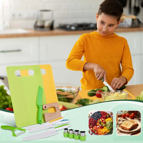 Kinggrand 13-piece Montessori toddler kitchen tools set on a lime-green cutting board; kid-safe wooden and plastic utensils.
