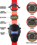 Diagram of Spiderman Gen Y Auto Darkening Welding Helmet with labeled parts and controls for shade, sensi, and delay adjustment.